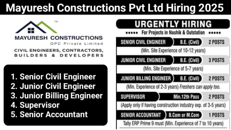 Mayuresh Constructions Pvt Ltd Recruitment 2025 | Construction Jobs In Nashik