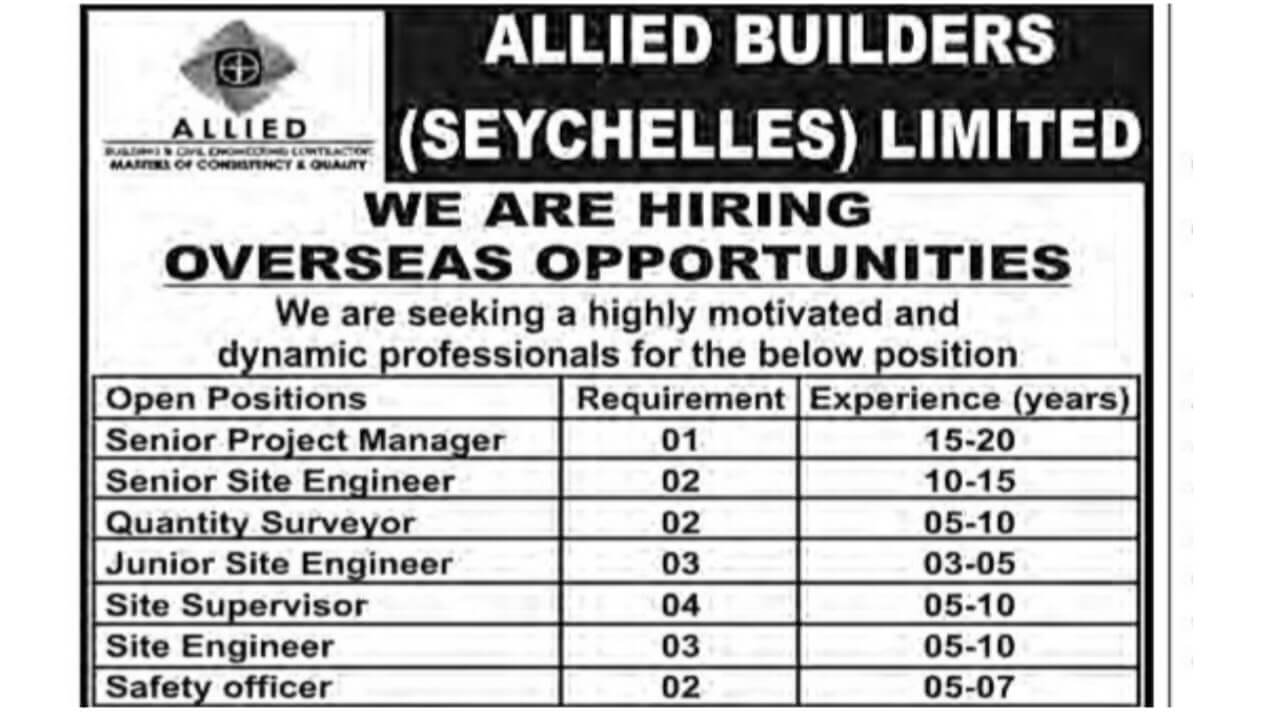 Allied Builders (Seychelles) Limited Hiring 2025 | Senior Project Manager, Site Engineer, Safety Officer & More | Overseas Opportunities