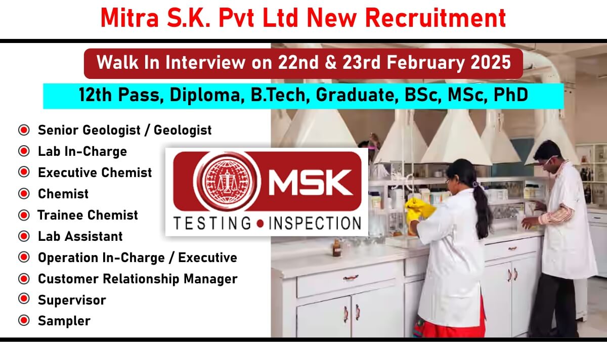 Mitra S.K. Pvt Ltd New Recruitment: Hiring for Multiple Positions | Walk In 22 & 23 Feb 2025 | 12th Pass, Diploma, B.Tech, Graduate, BSc, MSc, PhD