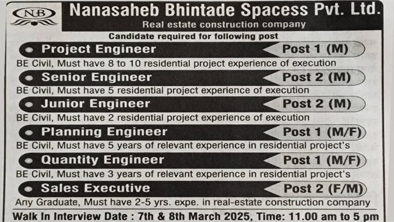 Nanasaheb Bhintade Spacess Pvt Ltd Careers