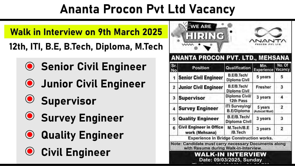 Ananta Procon Pvt Ltd Vacancy: Recruitment for Bridge Construction Works | Walk in Interview on 9th March 2025