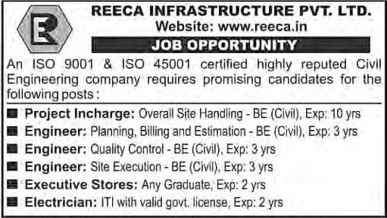 Reeca Infrastructure Pvt Ltd Hiring