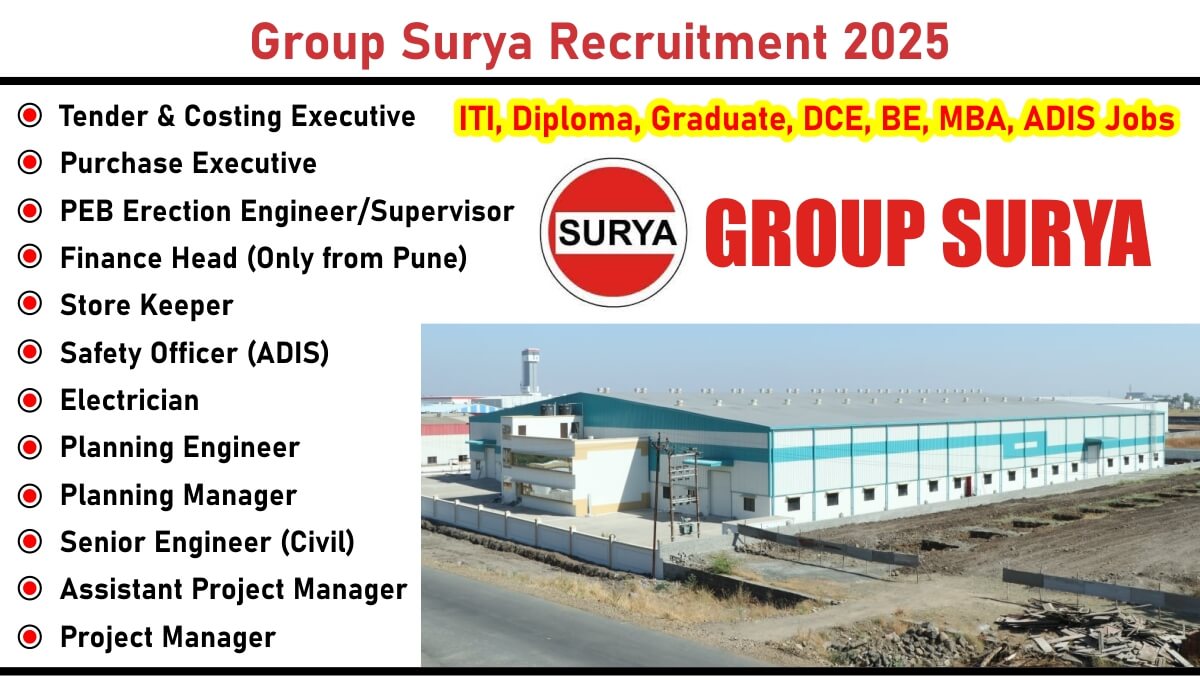 Group Surya Recruitment 2025: Hiring for Multiple Positions | ITI, Diploma, Graduate, DCE, BE, MBA, ADIS Jobs