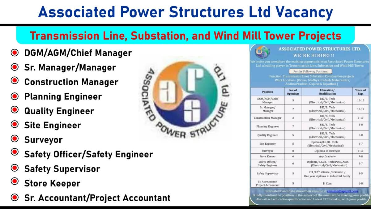 Associated Power Structures Ltd Vacancy: Recruitment for Multiple Positions in Transmission Line, Substation, and Wind Mill Tower Projects