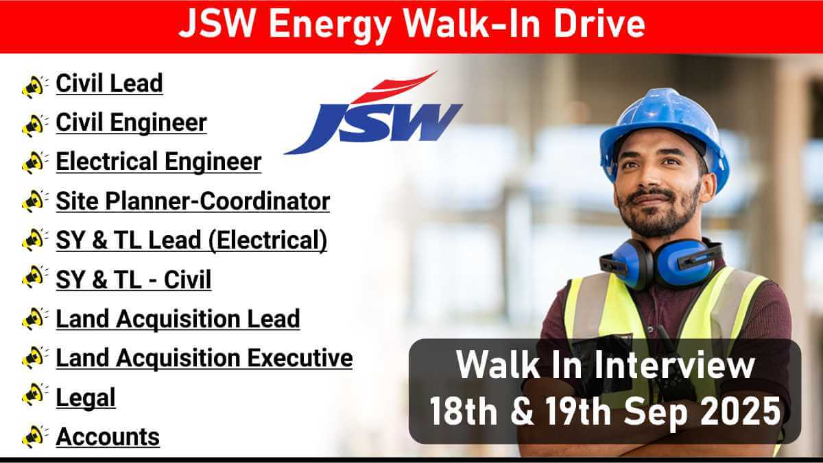 JSW Energy Walk-In Drive | Land Acquisition & Engineering Jobs