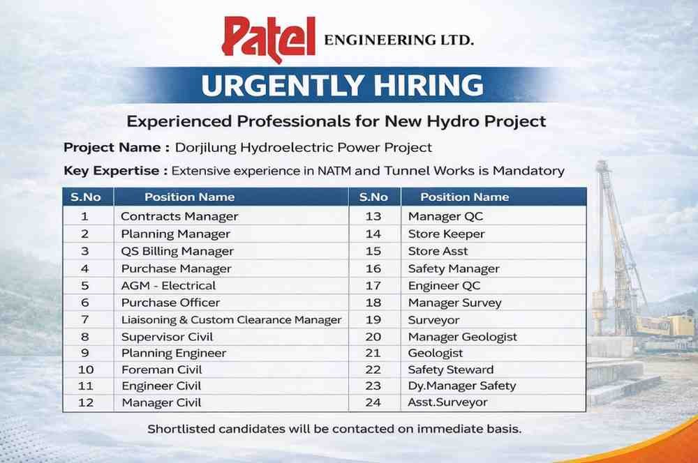 Patel Engineering Ltd Vacancy | Dorjilung Hydroelectric Power Project