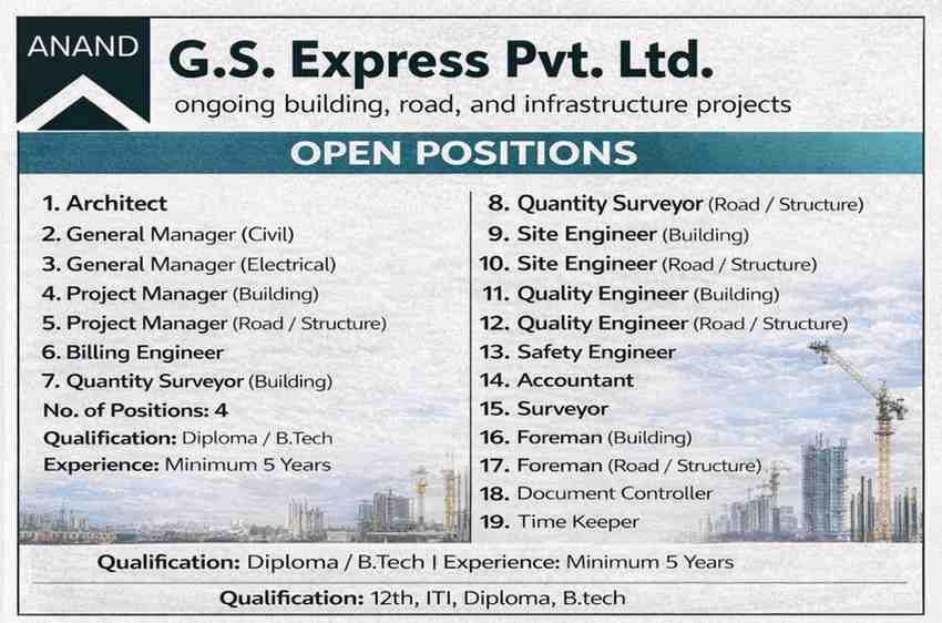 G S Express Pvt Ltd Vacancy 2026 | For Building, Road, and Infrastructure Projects