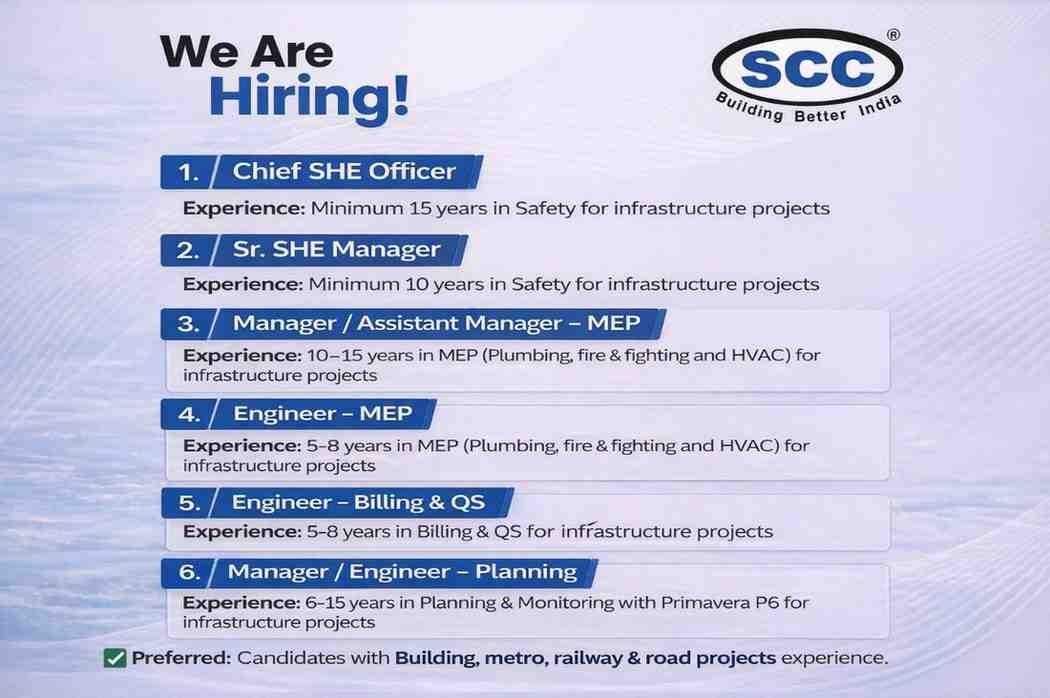 SCC Infrastructure Urgent Hiring 2026 | For Safety, MEP, Billing, and Planning Roles