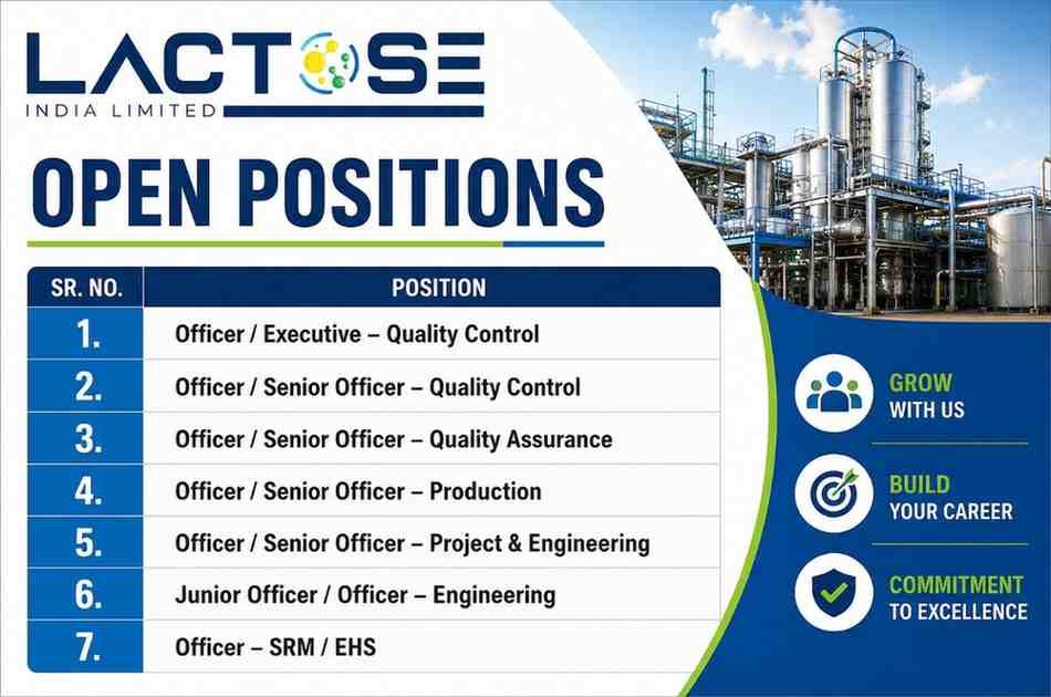 Lactose India Limited Recruitment | Quality Control, Quality Assurance, Production, Engineering, Projects