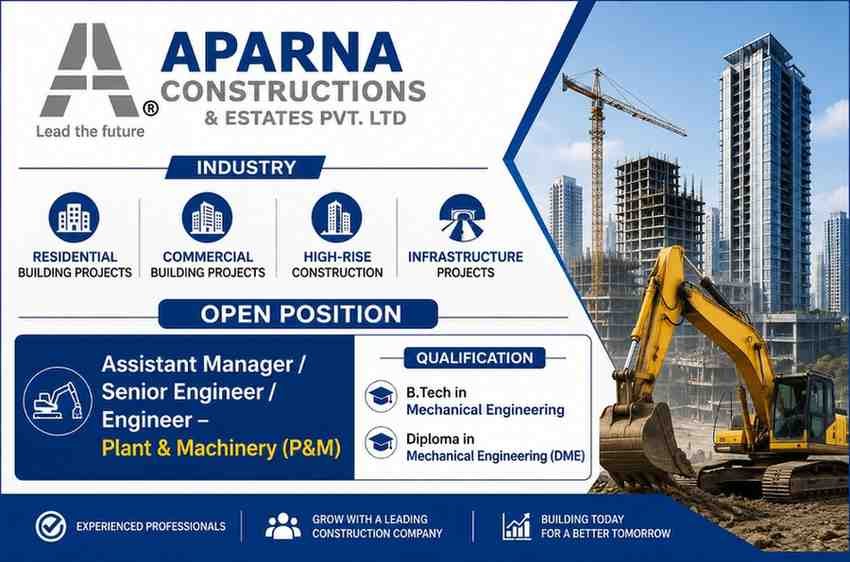 Aparna Constructions & Estates Pvt. Ltd. Hiring 2026 | Plant & Machinery Jobs | High-Rise Building Projects