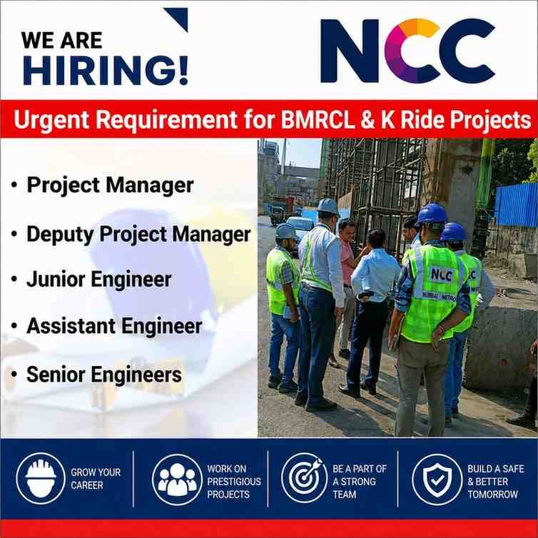 Manglam Infra & Engineering Ltd Vacancy | Hiring for Railway Bidding Project 2 Manglam Infra & Engineering Ltd Vacancy NCC Limited Recruitment 2026 | BMRCL & K-RIDE Metro Project Jobs