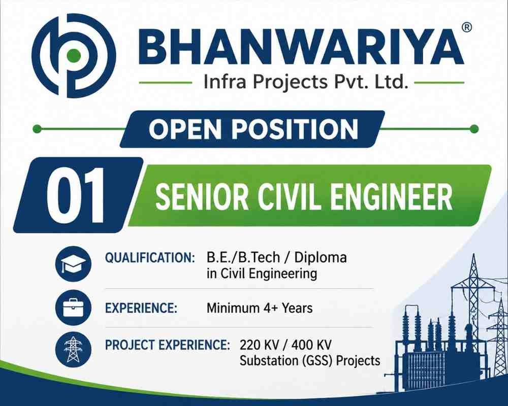 Scc infrastructure Pvt Ltd Vacancy | High Rise Buildings, Railway, Metro, Road, and Airport Projects 2 Scc infrastructure Pvt Ltd Vacancy Bhanwariya Infra Projects Pvt. Ltd. Recruitment 2026 | Senior Civil Engineer | 400 KV Substation Project
