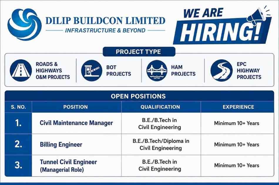 Kalpataru Projects Walk In Interview | 10th, 12th, ITI & Degree Jobs 3 Kalpataru Projects Walk In Interview Dilip Buildcon Recruitment 2026 | B.E, B.Tech & Diploma Civil Engineering Jobs | Maintenance Manager, Billing Engineer & Tunnel Engineer