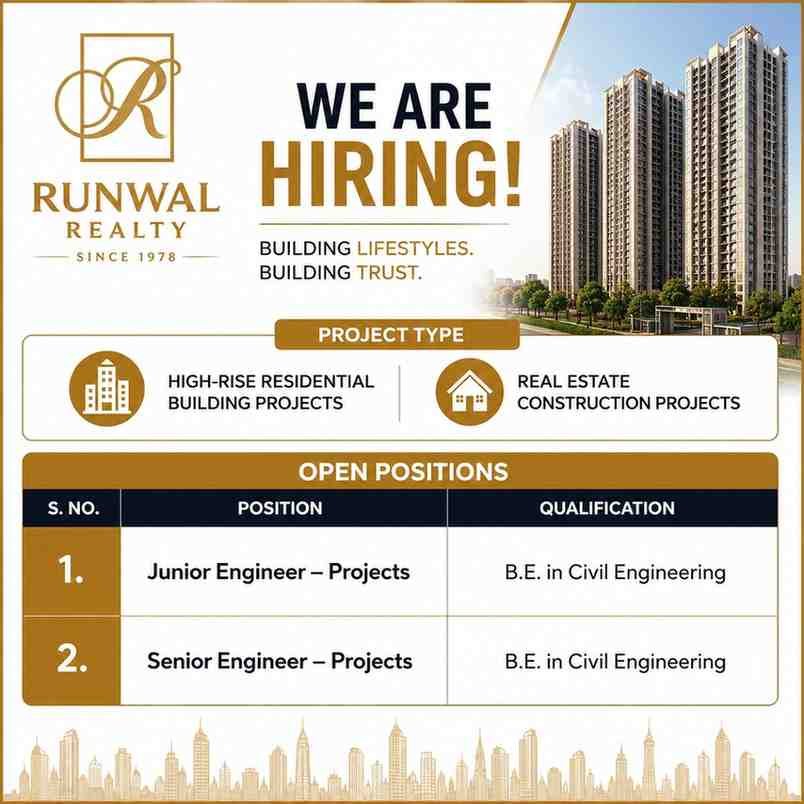 Kalpataru Projects Walk In Interview | 10th, 12th, ITI & Degree Jobs 2 Kalpataru Projects Walk In Interview Runwal Realty Recruitment 2026 | B.E Civil Engineering Jobs | Junior Engineer & Senior Engineer Project