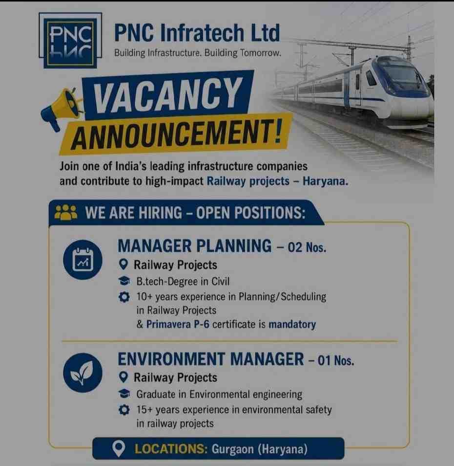 RKC Infrabuilt Recruitment 2026 | Procurement, Accounts & Finance Jobs | Road & Highway Projects 2 RKC Infrabuilt Recruitment PNC Infratech Recruitment 2026 | Manager Planning & Environment Manager Jobs | Railway Infrastructure Projects