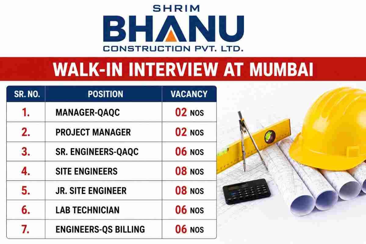 SJ Contracts Recruitment 2026 – QA/QC Jobs | Civil Construction & High-Rise Projects 3 SJ Contracts Recruitment 2026 Shrim Bhanu Construction Recruitment 2026 – QA/QC, Project Manager, Site Engineer & QS Billing Jobs