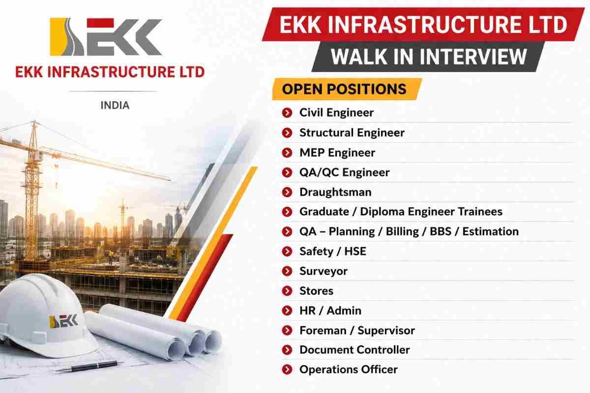 Aparna Constructions & Estates Pvt. Ltd. Hiring 2026 | Plant & Machinery Jobs | High-Rise Building Projects 2 Aparna Constructions & Estates Pvt. Ltd. Hiring 2026 EKK Infrastructure Recruitment 2026 – Civil, MEP, QA/QC & Highway Jobs | Walk-In Interview | Kerala & Tamil Nadu