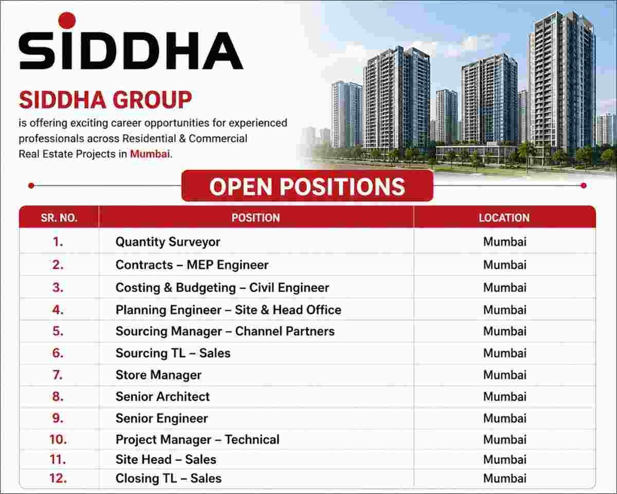 Siddha Group Recruitment 2026 – RResidential & Commercial Real Estate Projects