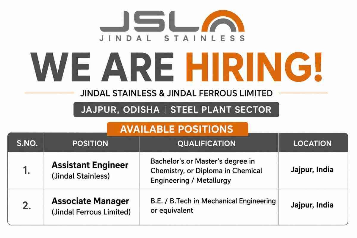 T&T Group Recruitment 2026 – Plumbing, Electrical, Survey & Construction Jobs 2 T&T Group Recruitment 2026 Jindal Stainless Recruitment 2026 – Assistant Engineer & Associate Manager Jobs in Jajpur