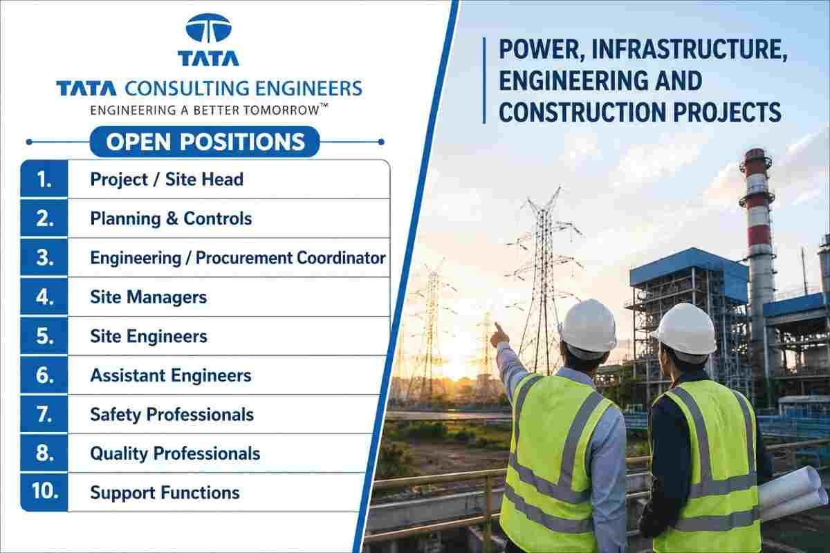 Balason Infrastructure Solutions Recruitment 2026 – Project Manager, Civil Engineer, QA/QC, Safety, Planning & HR Jobs 2 Balason Infrastructure Solutions Recruitment Tata Consulting Engineers Recruitment 2026 – Project Head, Site Engineer, Planning, Safety & Quality Jobs