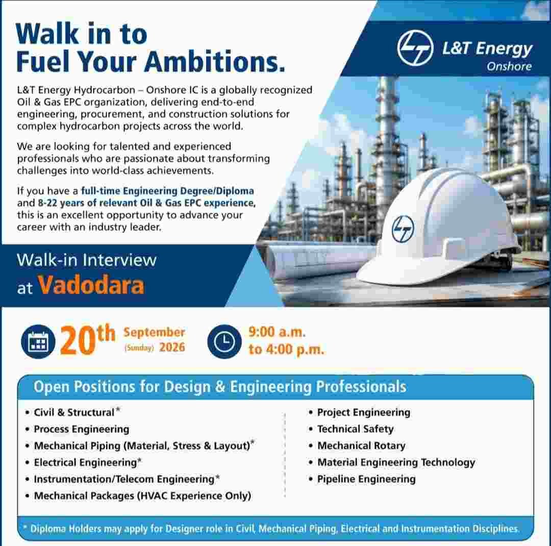 Megha Engineering & Infrastructures Walk-In Interview – Solar Project Construction & O&M Jobs 2 Megha Engineering & Infrastructures Walk-In Interview L&T Energy Hydrocarbon Walk In Interview – Oil & Gas EPC Design & Engineering Jobs in Vadodara