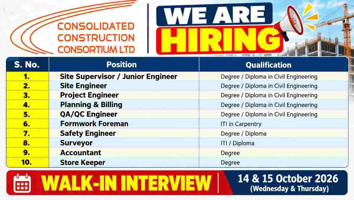 Ion Exchange Recruitment 2026 – Panel Officer, Electrician & Mechanical Fitter Jobs in Gujarat 2 Ion Exchange Recruitment 2026 CCCL Recruitment 2026 – Site Engineer, Project Engineer, Planning, QA/QC & Safety Jobs | Walk-In Interview