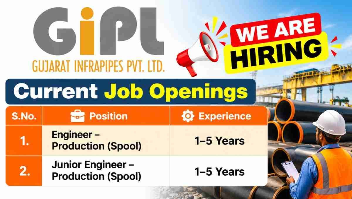 Gujarat Infrapipes Pvt Ltd Recruitment 2026 – Engineer & Junior Engineer Production (Spool) Jobs in Vadodara