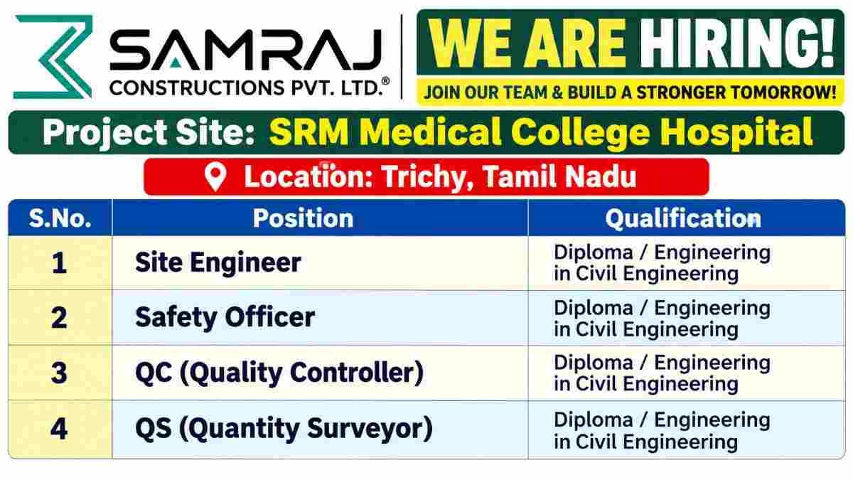 Vaaman Engineers Walk In Interview | 10th, 12th, ITI, Diploma, B.Sc & B.Tech Jobs 3 Vaaman Engineers Walk In Interview Samraj Constructions Pvt Ltd Recruitment 2026 – Site Engineer, Safety Officer, QC & Quantity Surveyor Jobs in Trichy