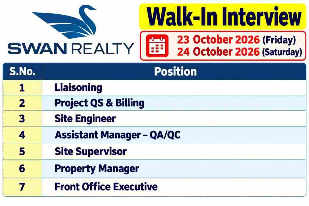 Swan Realty Recruitment 2026 – Walk-In Interview for QS & Billing, Site Engineer, QA/QC & Other Jobs