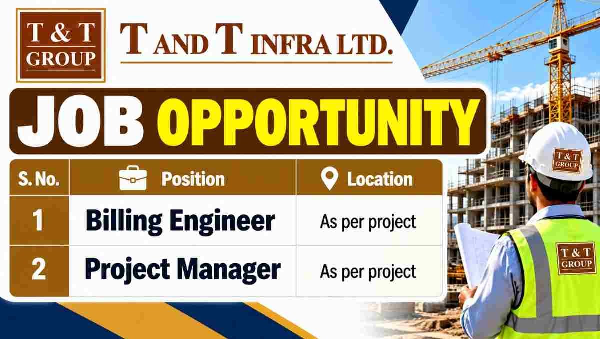 Sinclus Engineering Recruitment 2026 – Civil Engineer Jobs in Surat | Infrastructure Projects 3 Sinclus Engineering Recruitment 2026 T&T Infra Limited Recruitment 2026 – Billing Engineer & Project Manager Jobs in Maharashtra